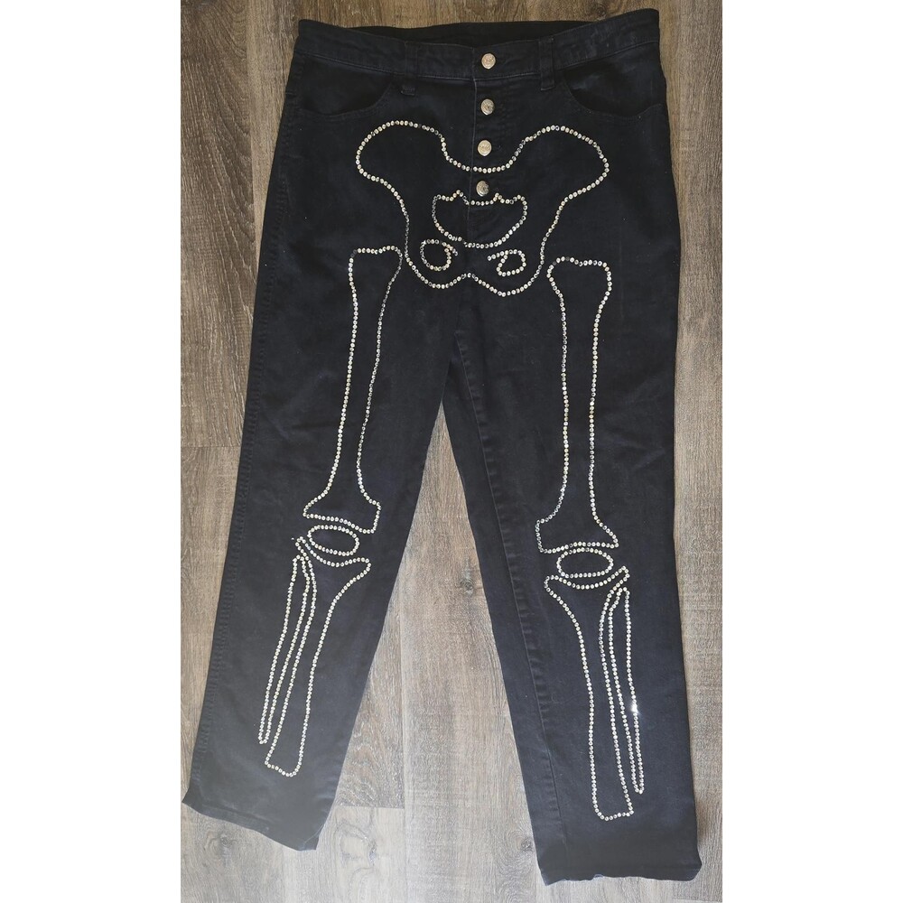Salem7 Rhinestone Skeleton Goth Wide Leg Black Jeans, Women's Size 34